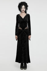 Robe gothique noire à col en V, manches longues, broderie ajourée et laçage pour femme